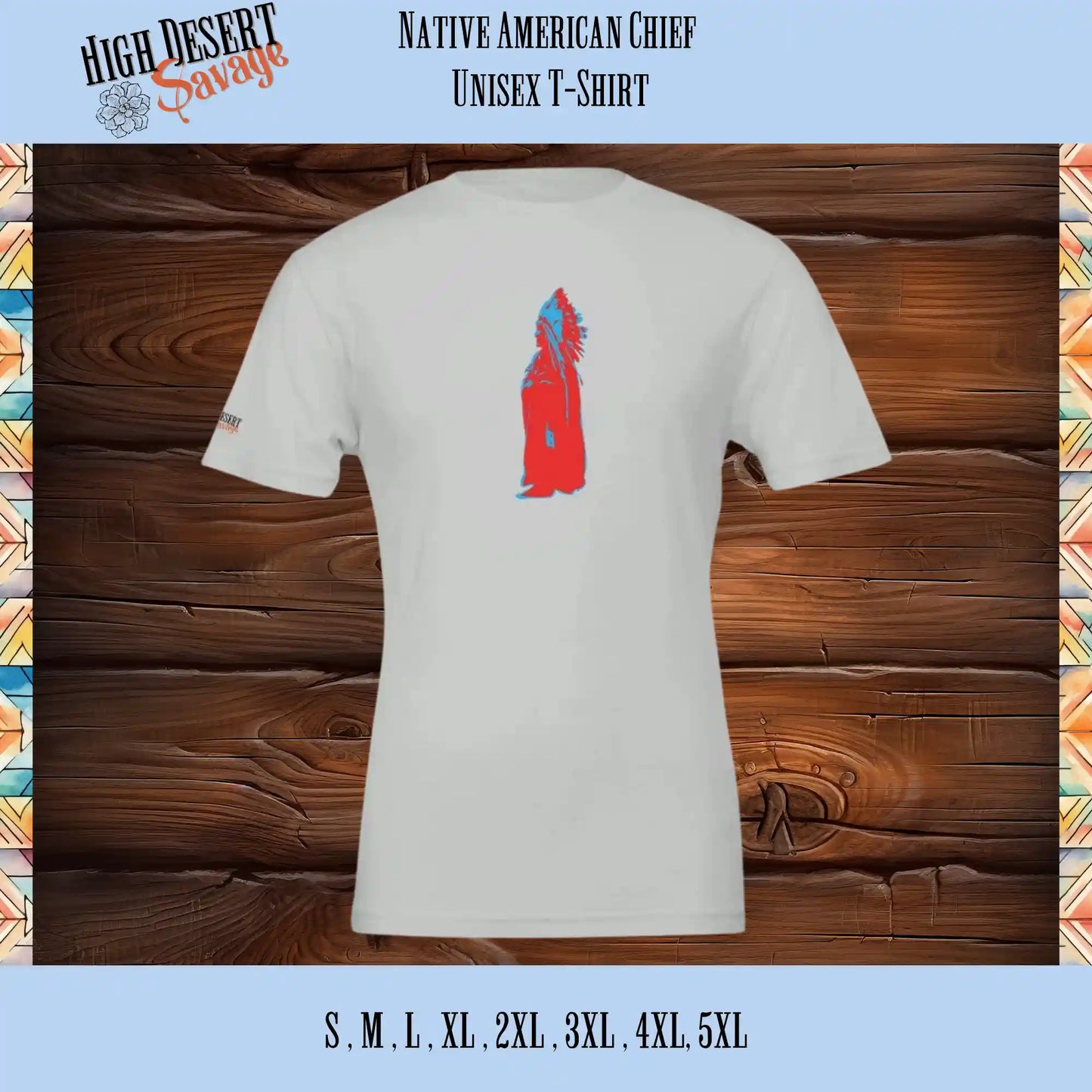 Native American Chief in Red and Blue unisex crewneck t-shirt on sand