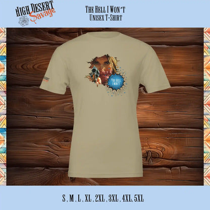 High Desert Savage Cowgirl holding revolver graphic design on tan tshirt