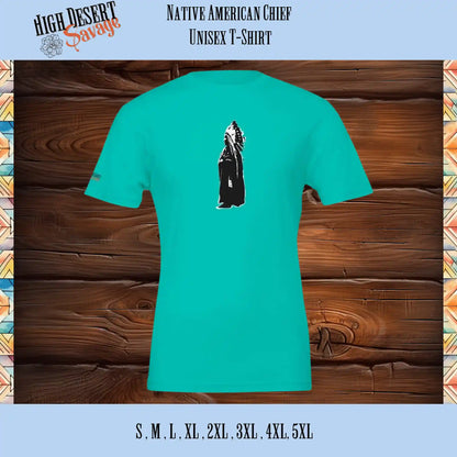 Native American Chief in black and white on Bella + Canvas Unisex T-shirt printed on teal