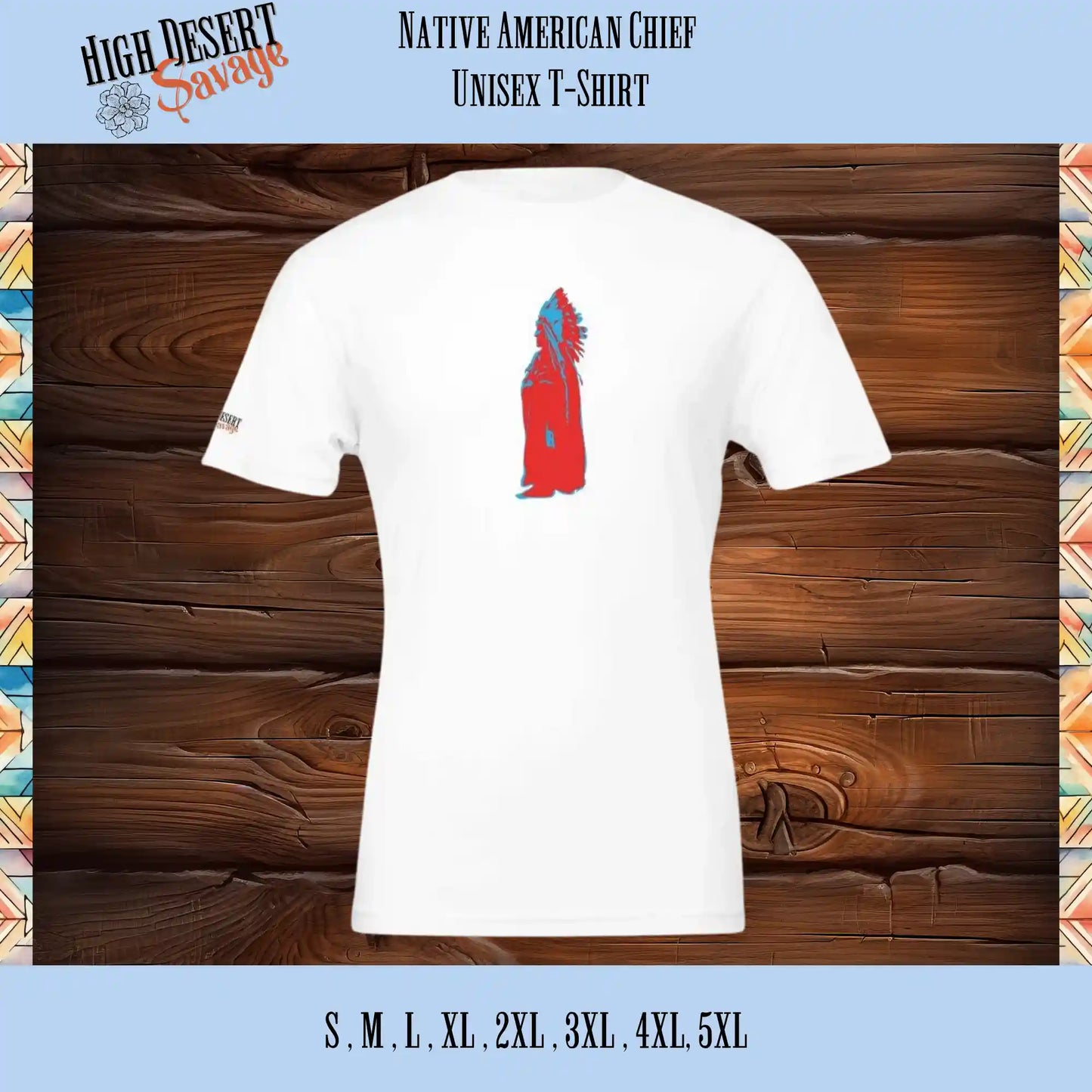 Native American Chief in Red and Blue unisex crewneck t-shirt in white